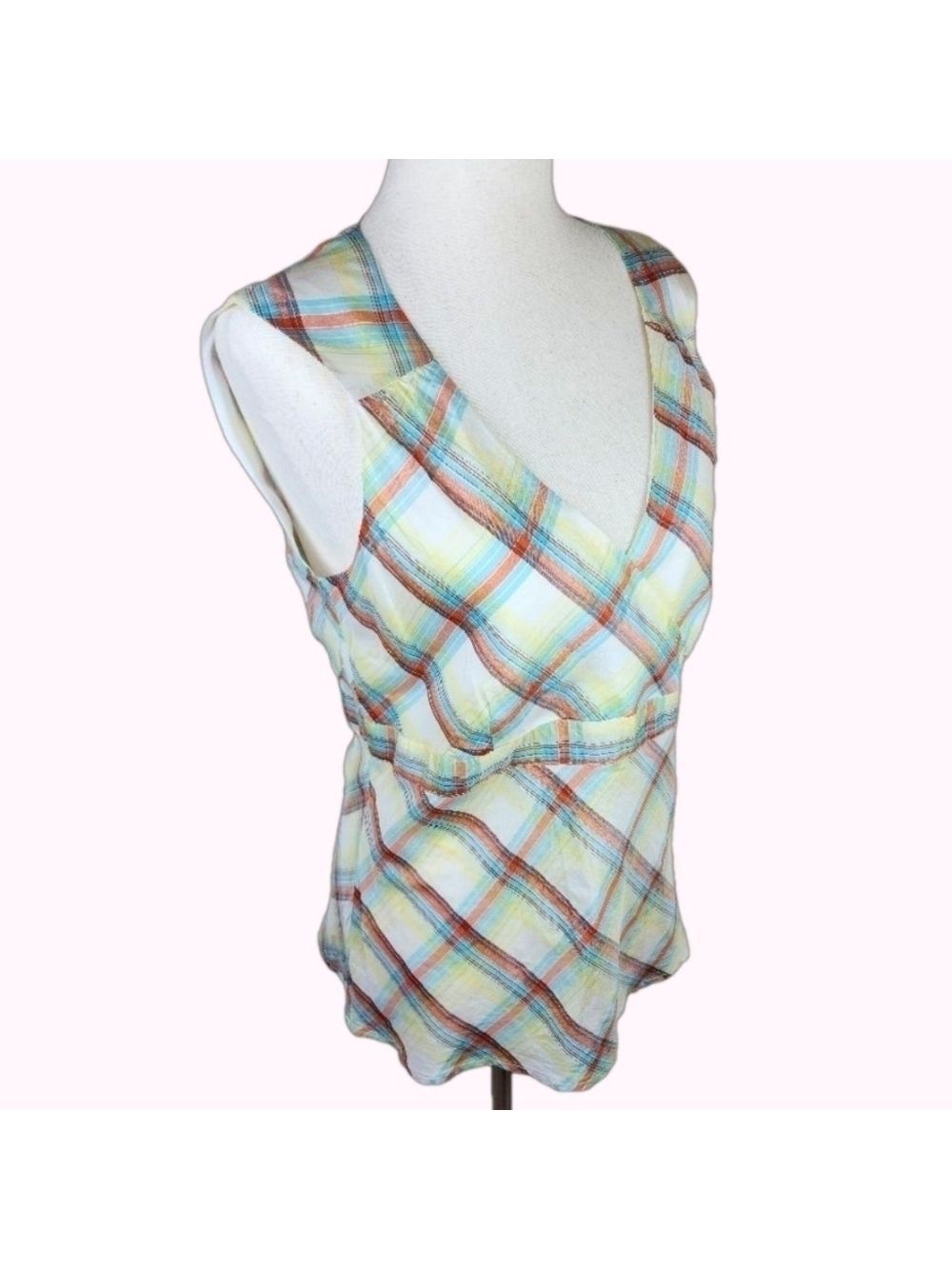 Y2K Vintage Plaid Empire Waist 100% Silk Sleeveless Blouse Medium